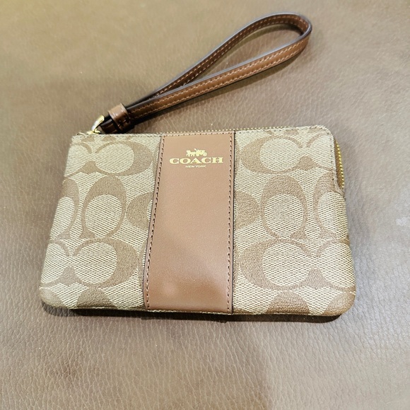 Coach Handbags - NWT: Coach Brown Canvas and Leather Wristlet Clutch
